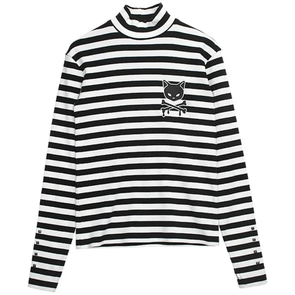 LISTEN FLAVOR Black Cat Studded Ribbed Top