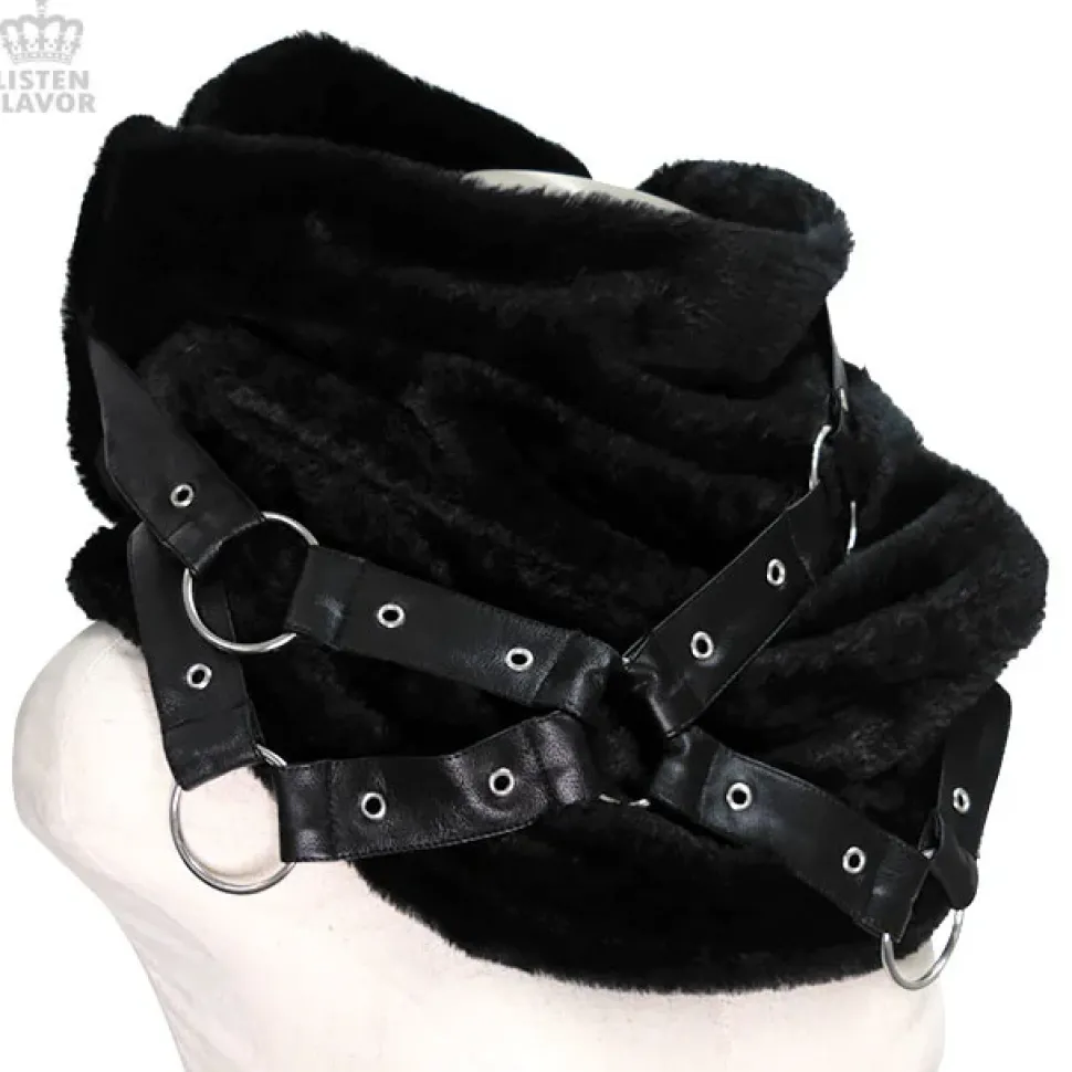 LISTEN FLAVOR Black Cross Harness Fur Snood