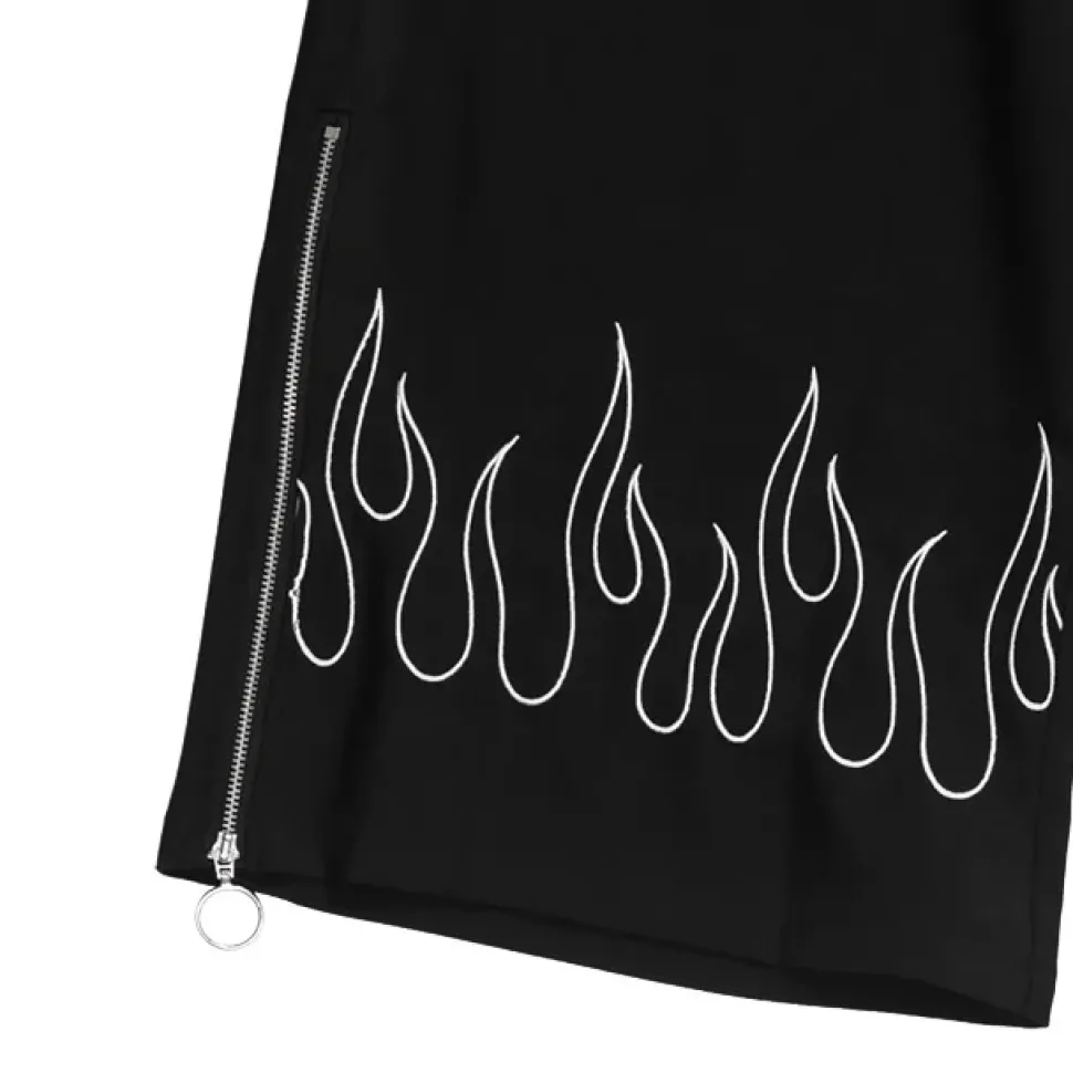 LISTEN FLAVOR Black Fire Embroidered Zip Slit Wide Pants