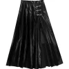 LISTEN FLAVOR Black Leather Fire Buckle Layered-Style Pleated Skirt