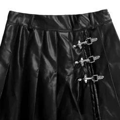 LISTEN FLAVOR Black Leather Fire Buckle Layered-Style Pleated Skirt
