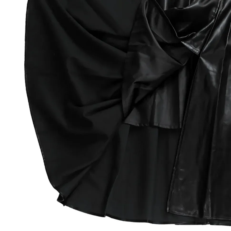 LISTEN FLAVOR Black Leather Fire Buckle Layered-Style Pleated Skirt
