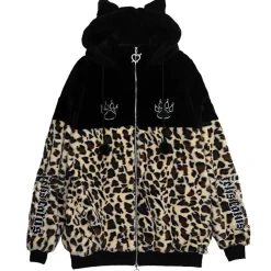 LISTEN FLAVOR Black x Leopard Cat Paw Boa Blouson