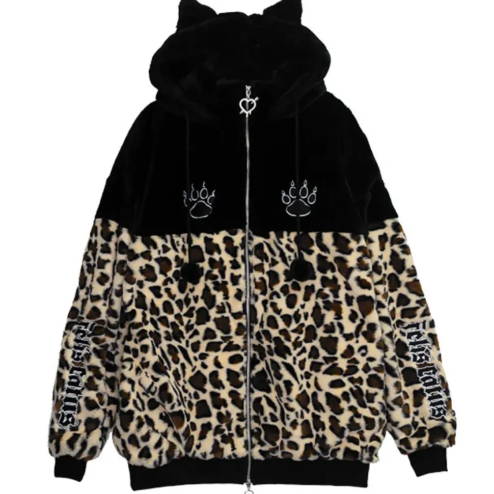 LISTEN FLAVOR Black x Leopard Cat Paw Boa Blouson
