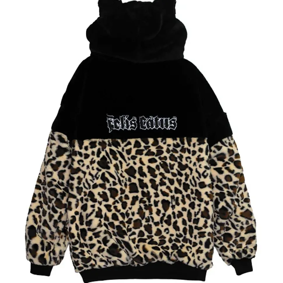 LISTEN FLAVOR Black x Leopard Cat Paw Boa Blouson