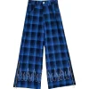 LISTEN FLAVOR Blue Plaid Fire Embroidered Zip Slit Wide Pants
