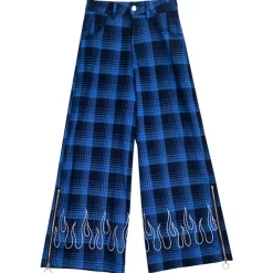 LISTEN FLAVOR Blue Plaid Fire Embroidered Zip Slit Wide Pants