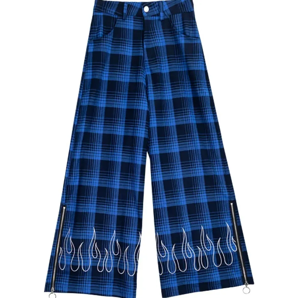 LISTEN FLAVOR Blue Plaid Fire Embroidered Zip Slit Wide Pants