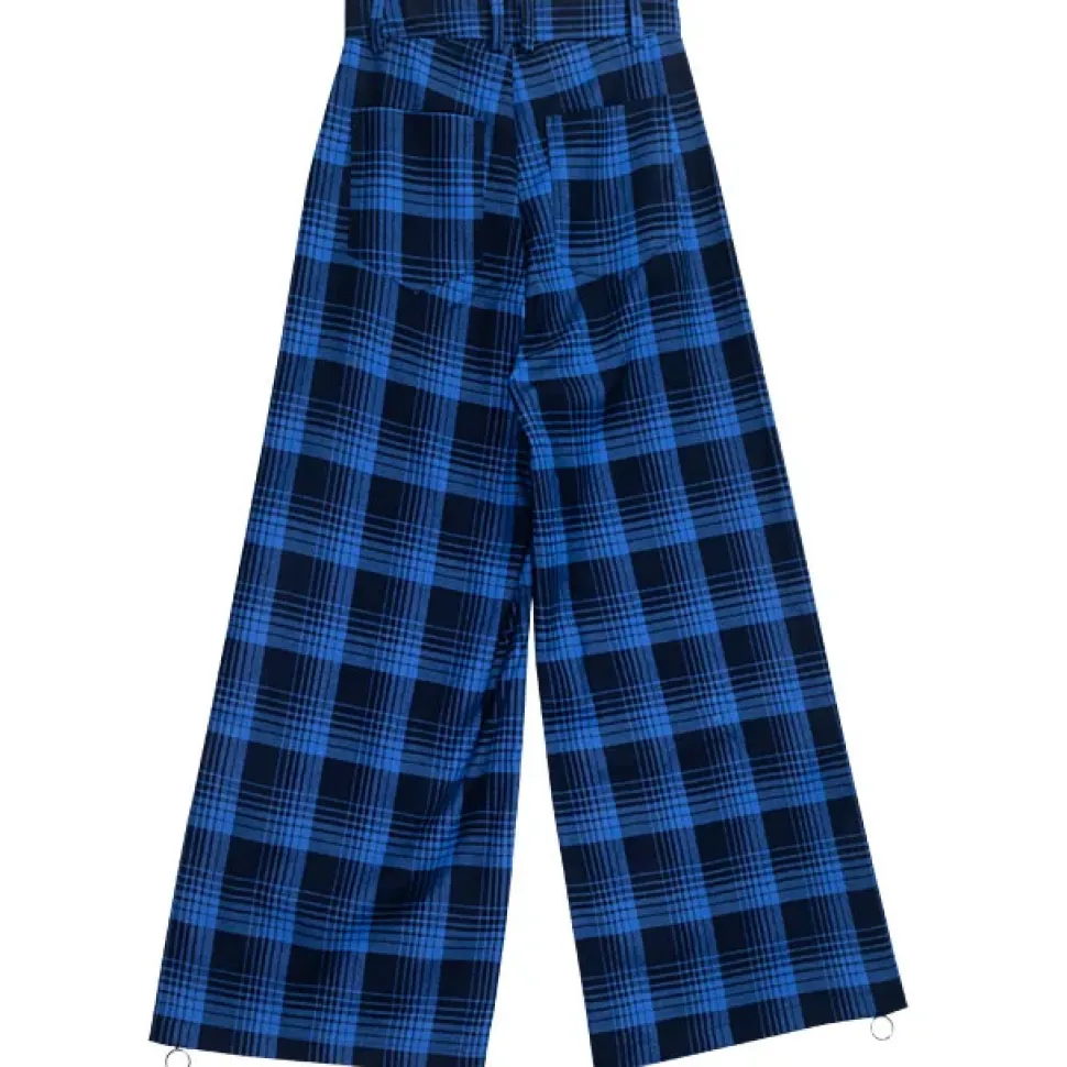LISTEN FLAVOR Blue Plaid Fire Embroidered Zip Slit Wide Pants
