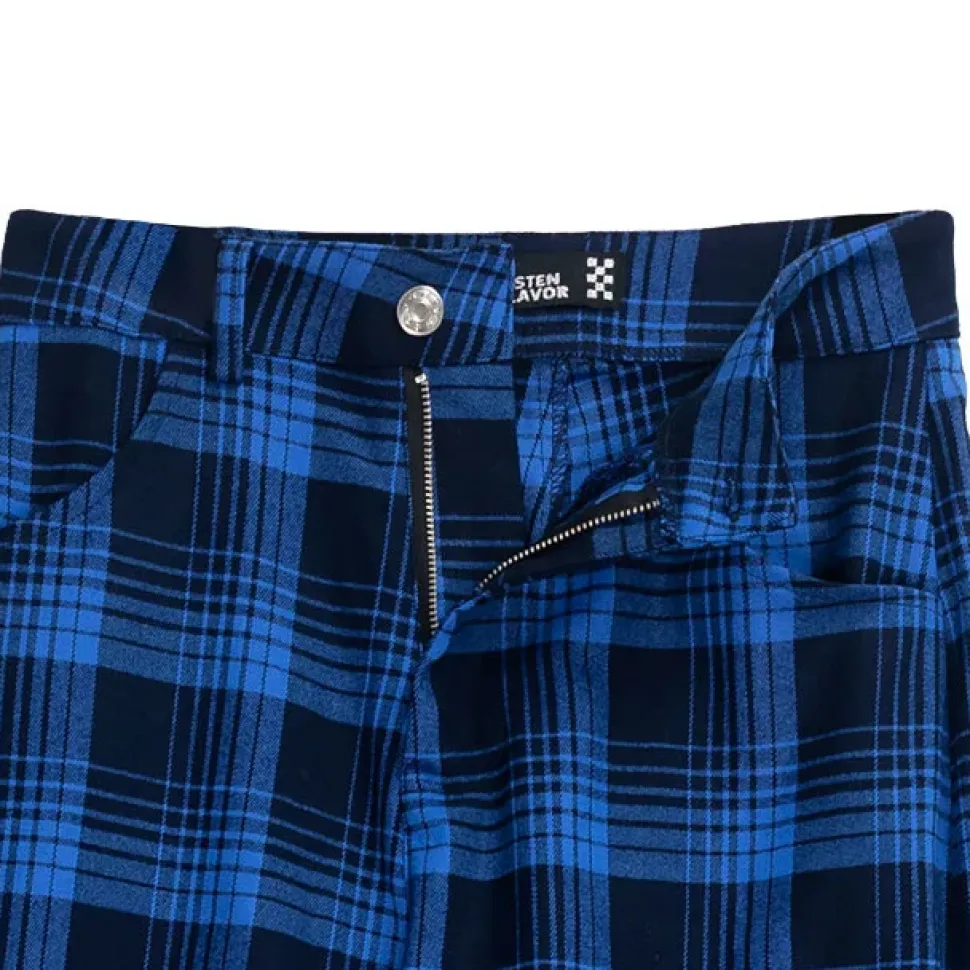 LISTEN FLAVOR Blue Plaid Fire Embroidered Zip Slit Wide Pants