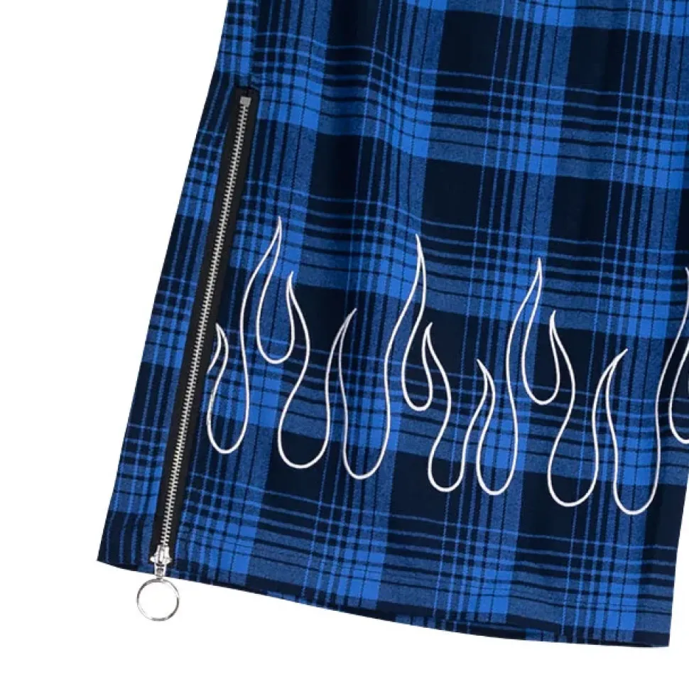 LISTEN FLAVOR Blue Plaid Fire Embroidered Zip Slit Wide Pants
