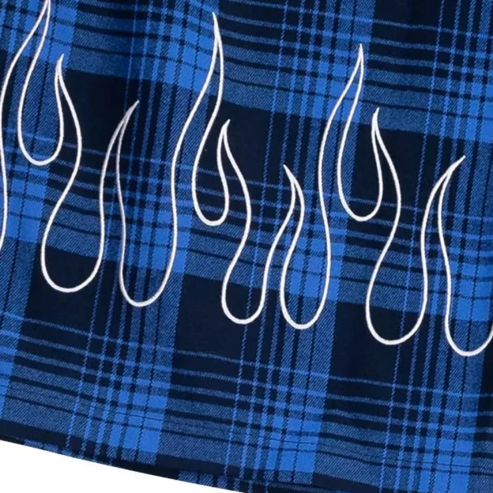 LISTEN FLAVOR Blue Plaid Fire Embroidered Zip Slit Wide Pants