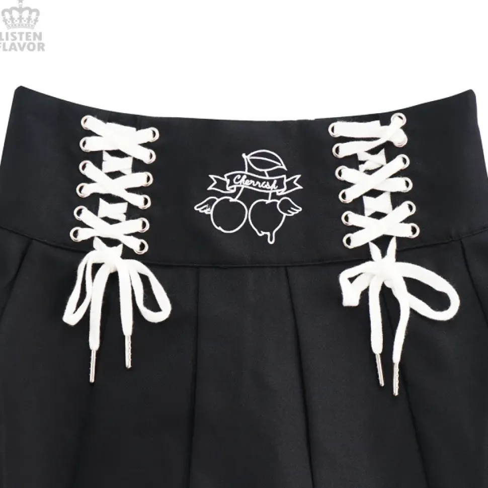 LISTEN FLAVOR Cherry Lace-Up Pleated Skirt