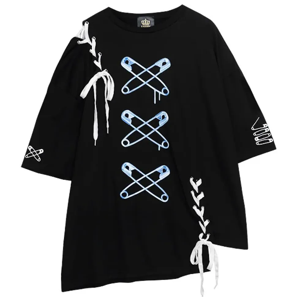 LISTEN FLAVOR Cross Safety Pin Lace-Up Asymmetrical Top