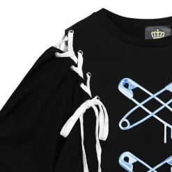 LISTEN FLAVOR Cross Safety Pin Lace-Up Asymmetrical Top