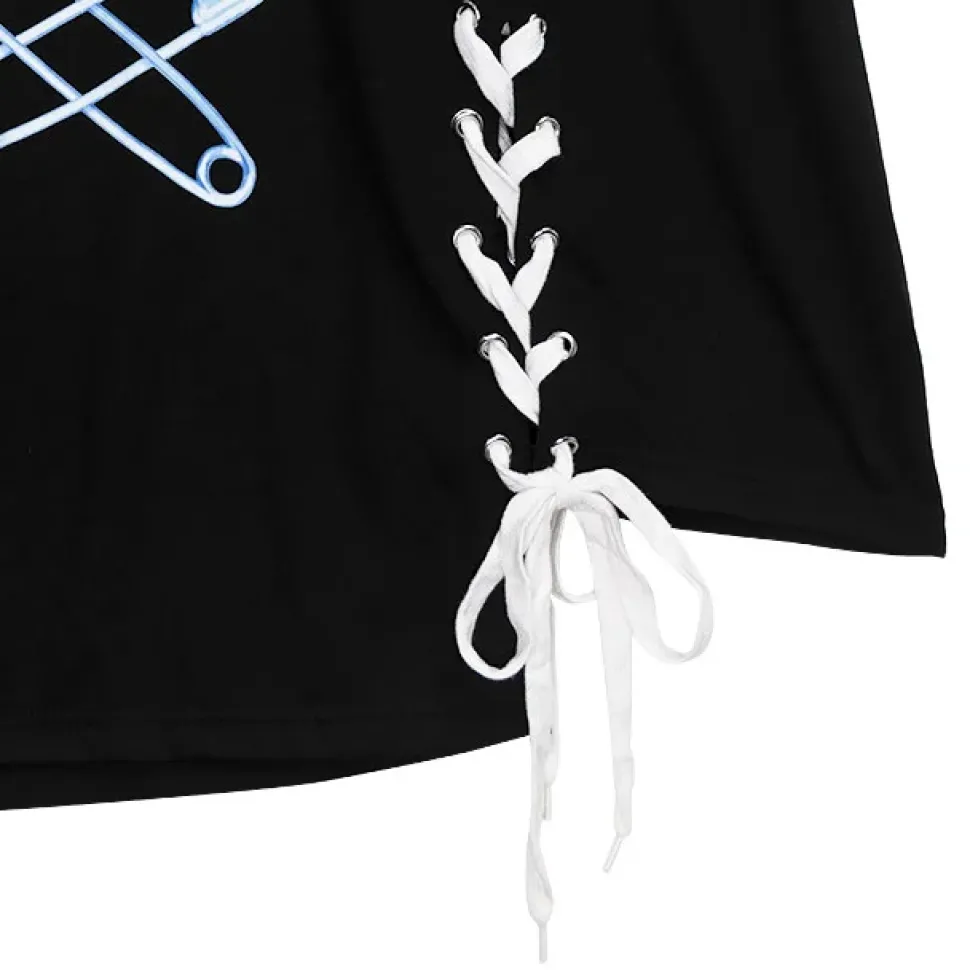 LISTEN FLAVOR Cross Safety Pin Lace-Up Asymmetrical Top