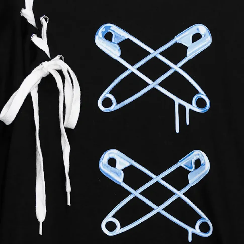 LISTEN FLAVOR Cross Safety Pin Lace-Up Asymmetrical Top