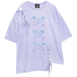LISTEN FLAVOR Cross Safety Pin Lace-Up Asymmetrical Top