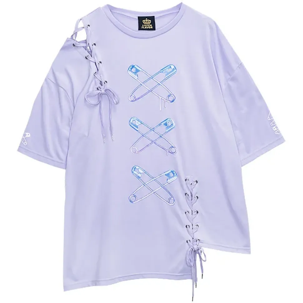 LISTEN FLAVOR Cross Safety Pin Lace-Up Asymmetrical Top