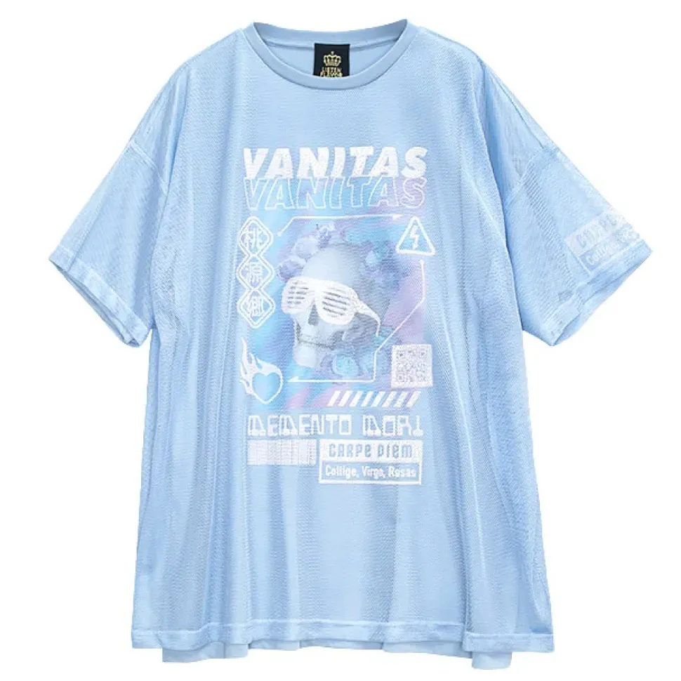 LISTEN FLAVOR Cyber Skull Mesh Layer T-Shirt