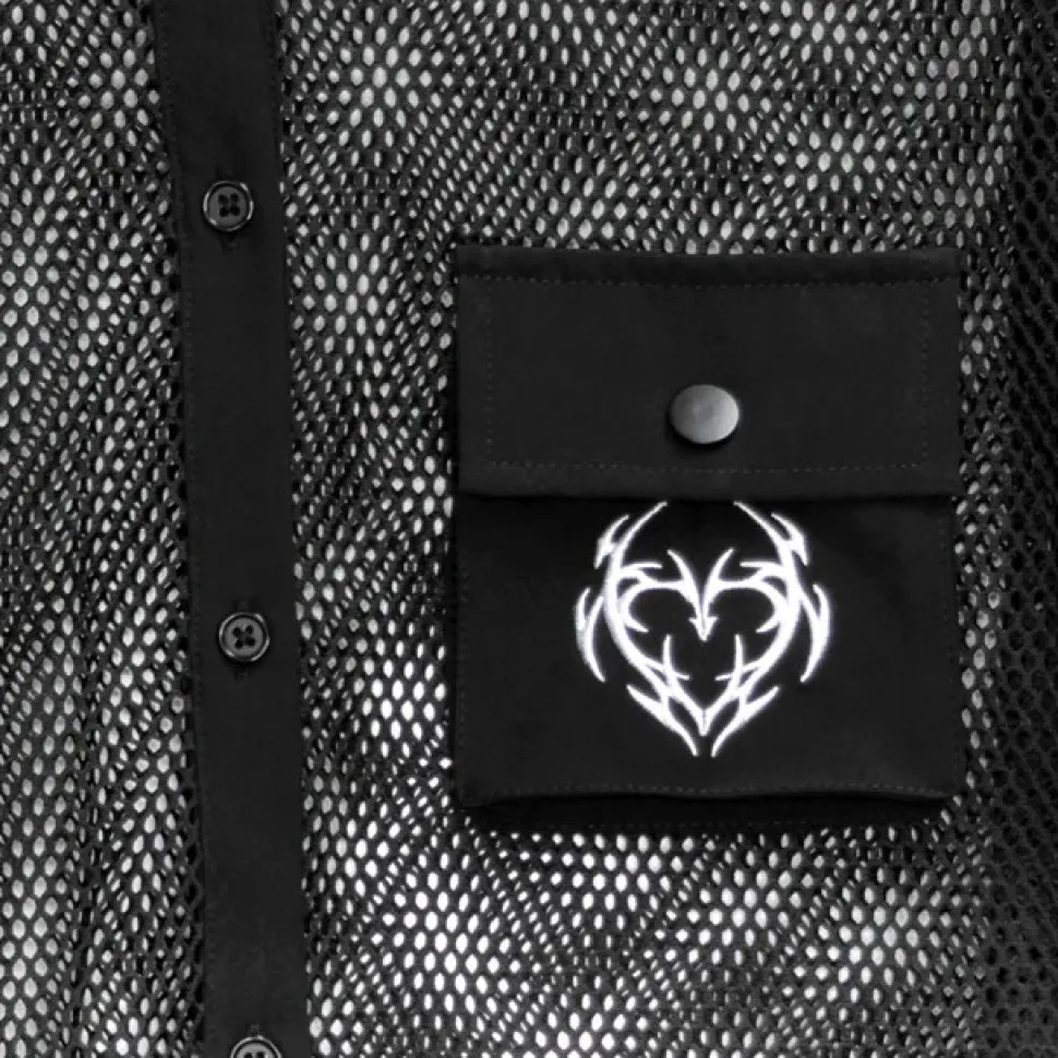 LISTEN FLAVOR Dark Metal Heart Mesh Shirt Black