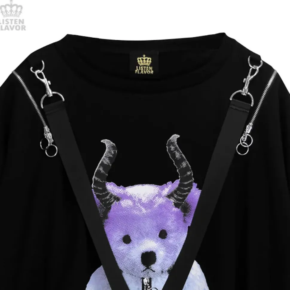 LISTEN FLAVOR Devil Bear Shoulder Zip Big Pullover w/ Straps