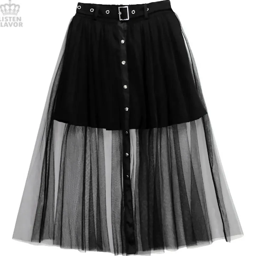 LISTEN FLAVOR Front Snap Tulle Long Skirt