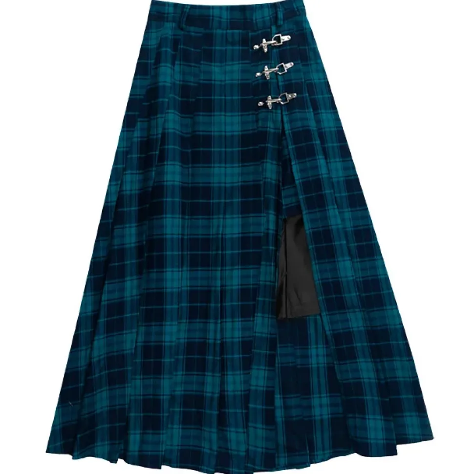 LISTEN FLAVOR Green Plaid Fire Buckle Layered-Style Pleated Skirt