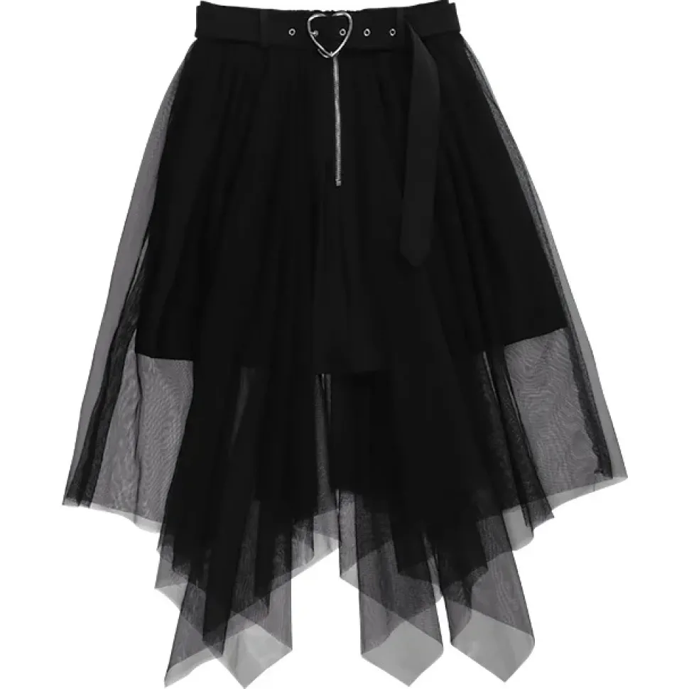 LISTEN FLAVOR Hemline Tulle Layered Skirt w/ Heart Belt