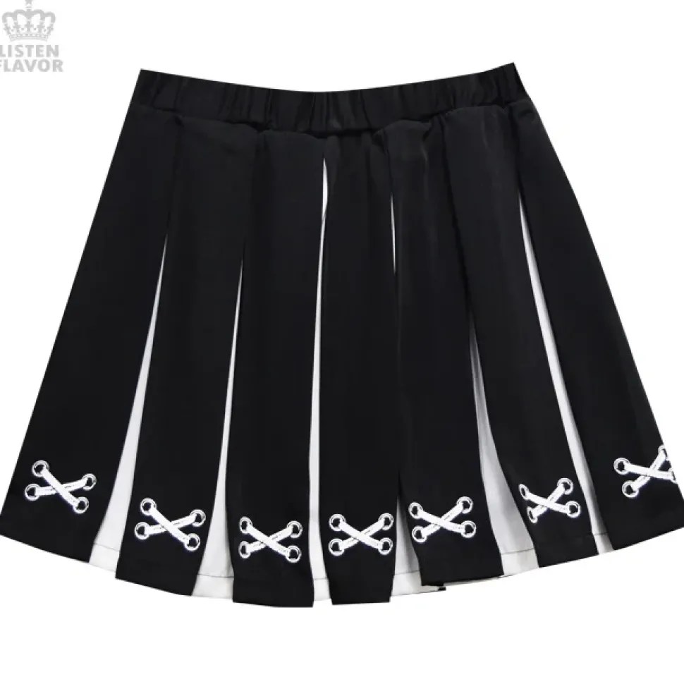 LISTEN FLAVOR Lace-Up Print Two-Tone Pleated Skirt