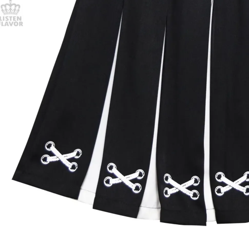 LISTEN FLAVOR Lace-Up Print Two-Tone Pleated Skirt