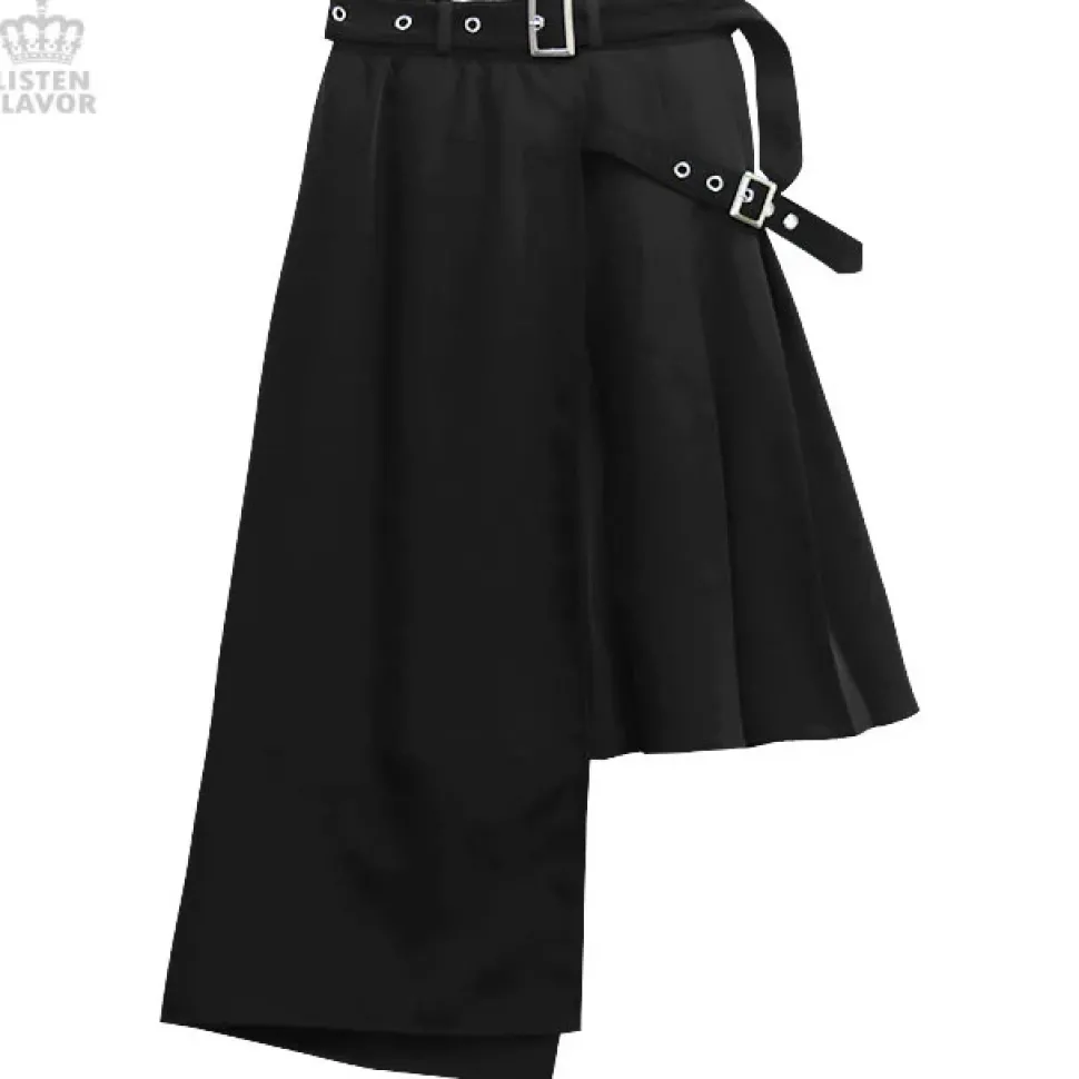 LISTEN FLAVOR Layered Style Asymmetrical Pleated Long Skirt w/ Belt