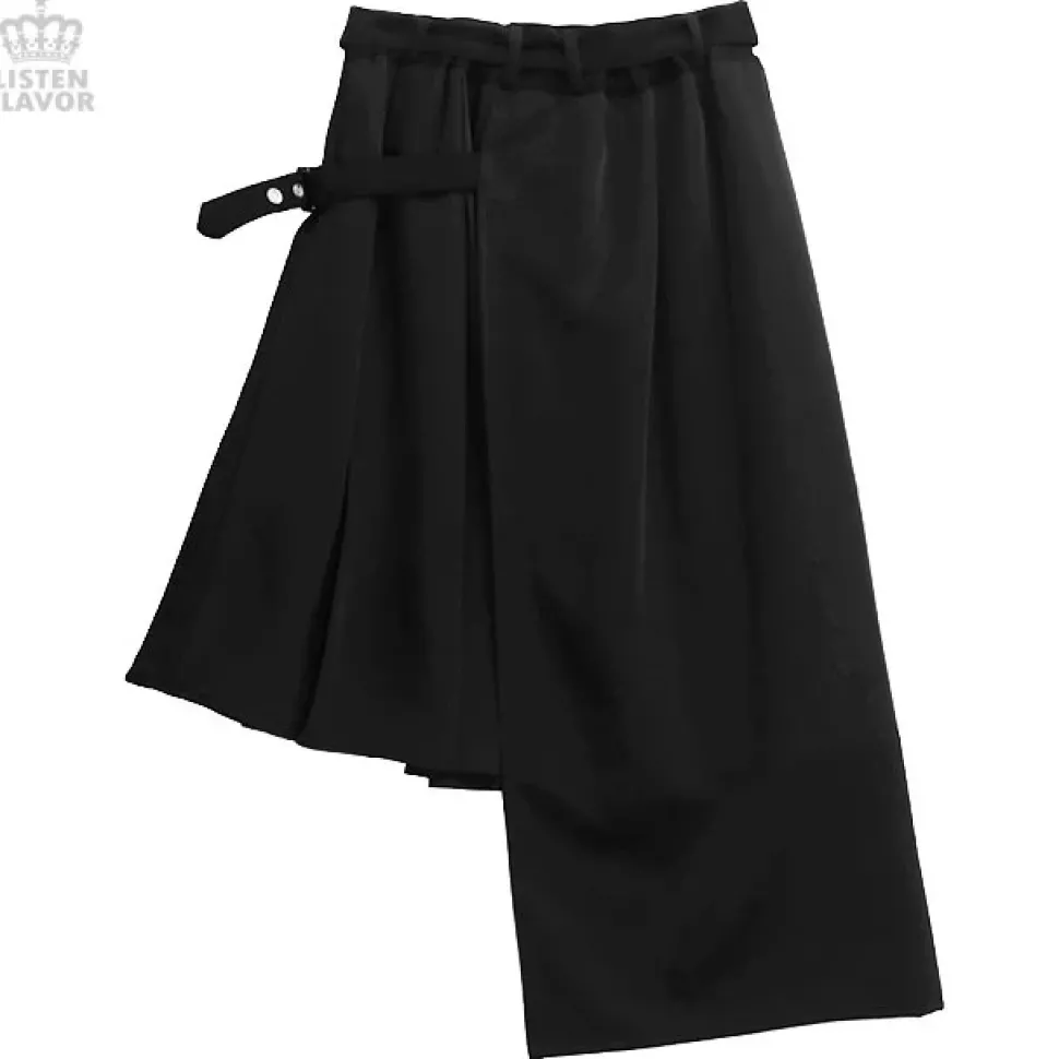 LISTEN FLAVOR Layered Style Asymmetrical Pleated Long Skirt w/ Belt