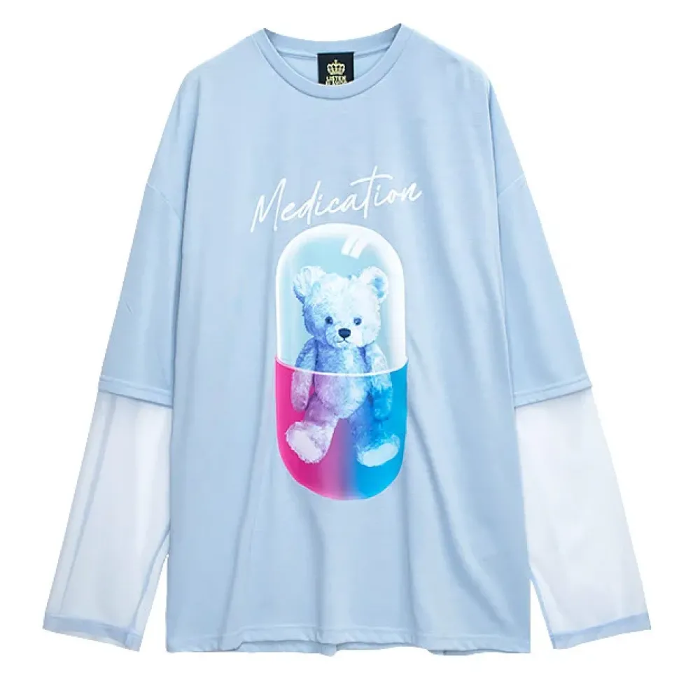 LISTEN FLAVOR Medication Bear Sheer Switching Top