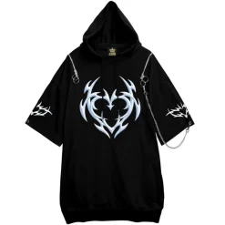 LISTEN FLAVOR Metal Heart Shoulder Zip Chain Short Sleeve Hoodie