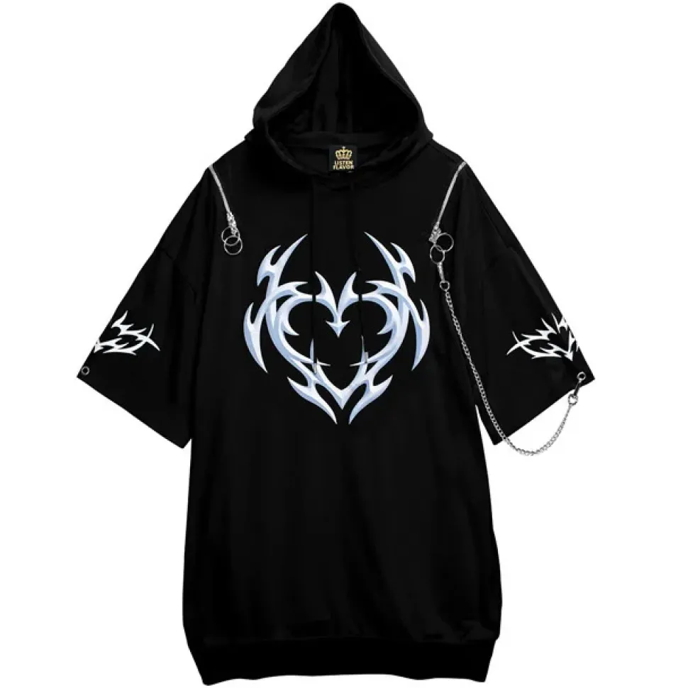 LISTEN FLAVOR Metal Heart Shoulder Zip Chain Short Sleeve Hoodie