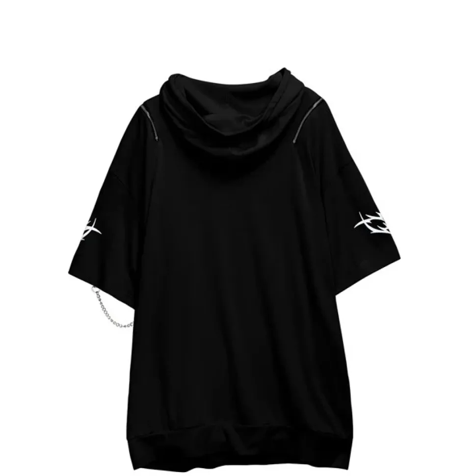 LISTEN FLAVOR Metal Heart Shoulder Zip Chain Short Sleeve Hoodie