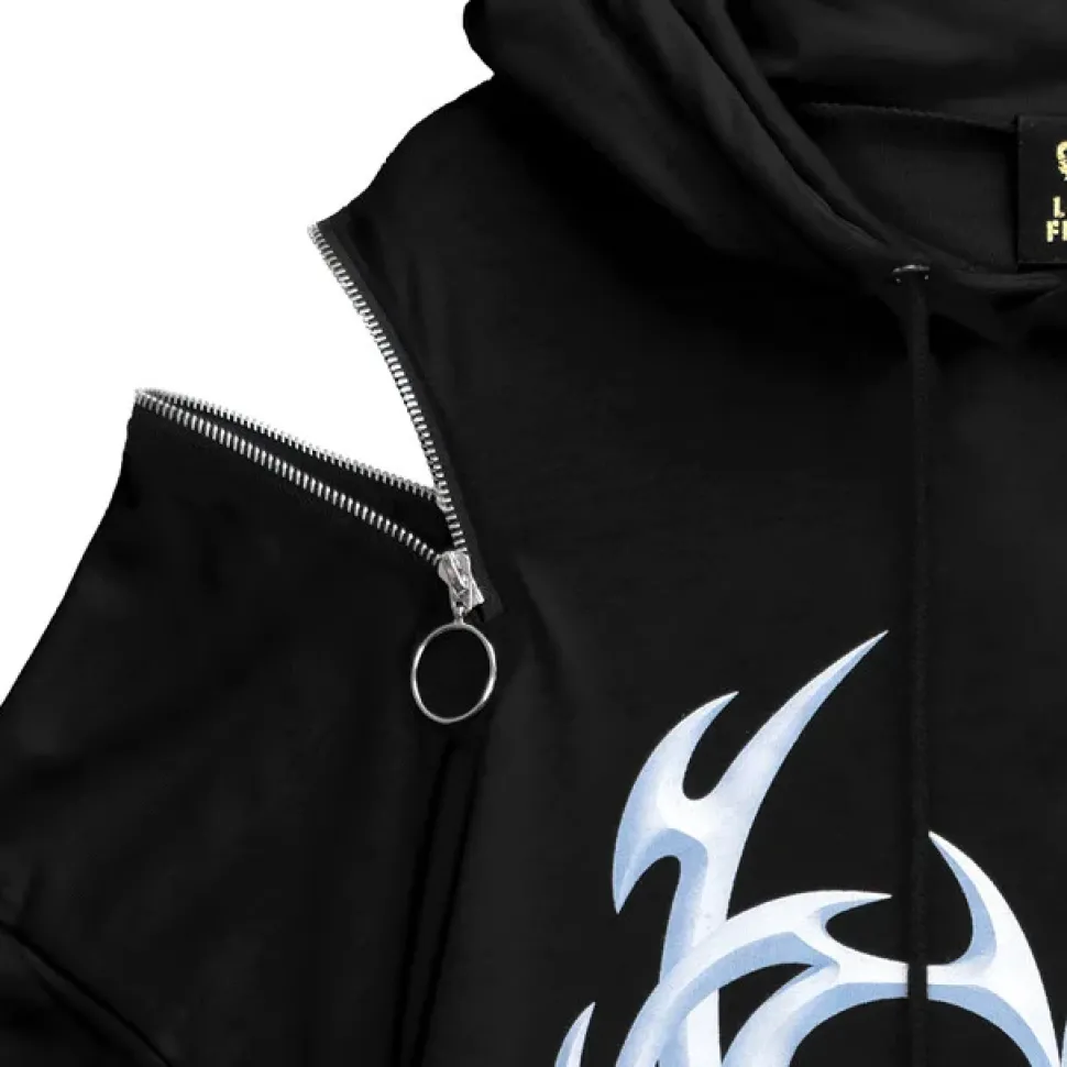 LISTEN FLAVOR Metal Heart Shoulder Zip Chain Short Sleeve Hoodie