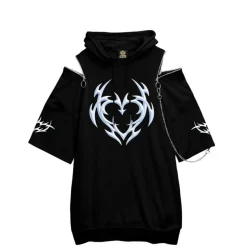 LISTEN FLAVOR Metal Heart Shoulder Zip Chain Short Sleeve Hoodie