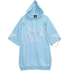 LISTEN FLAVOR Metal Heart Shoulder Zip Chain Short Sleeve Hoodie
