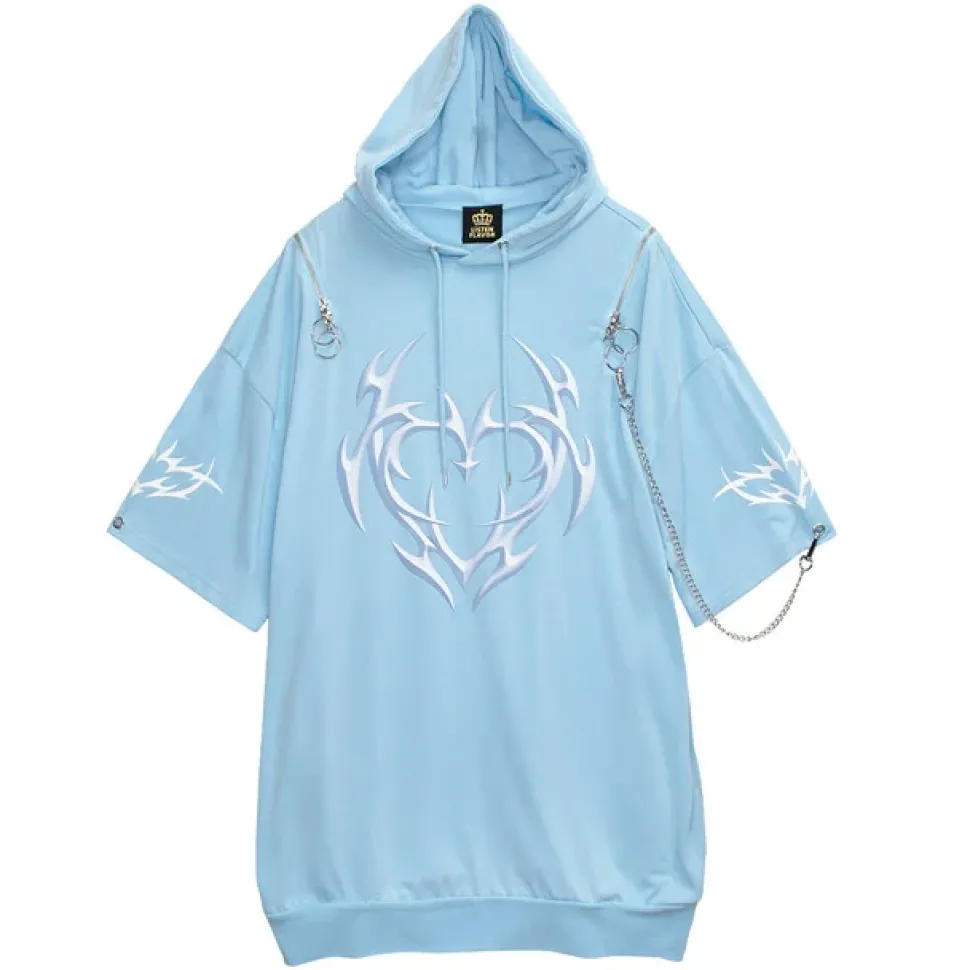 LISTEN FLAVOR Metal Heart Shoulder Zip Chain Short Sleeve Hoodie