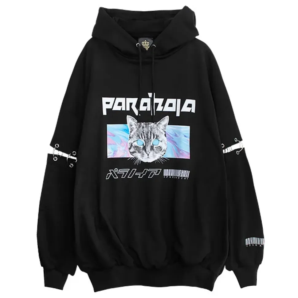 LISTEN FLAVOR Paranoia Cat Ring Sleeve Hoodie