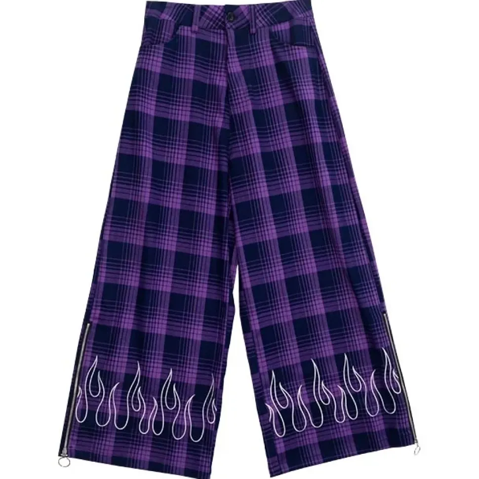 LISTEN FLAVOR Purple Plaid Fire Embroidered Zip Slit Wide Pants