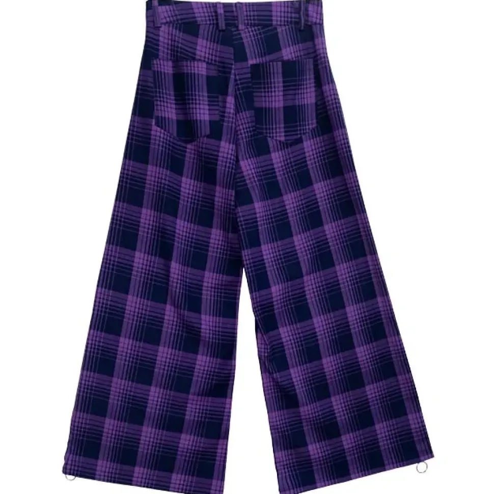 LISTEN FLAVOR Purple Plaid Fire Embroidered Zip Slit Wide Pants