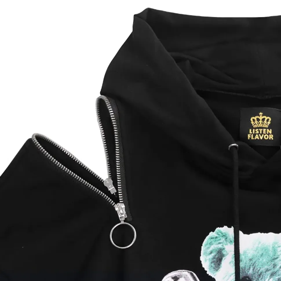 LISTEN FLAVOR Safety Pin Bear Shoulder Zip Short Sleeve Hoodie