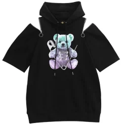 LISTEN FLAVOR Safety Pin Bear Shoulder Zip Short Sleeve Hoodie