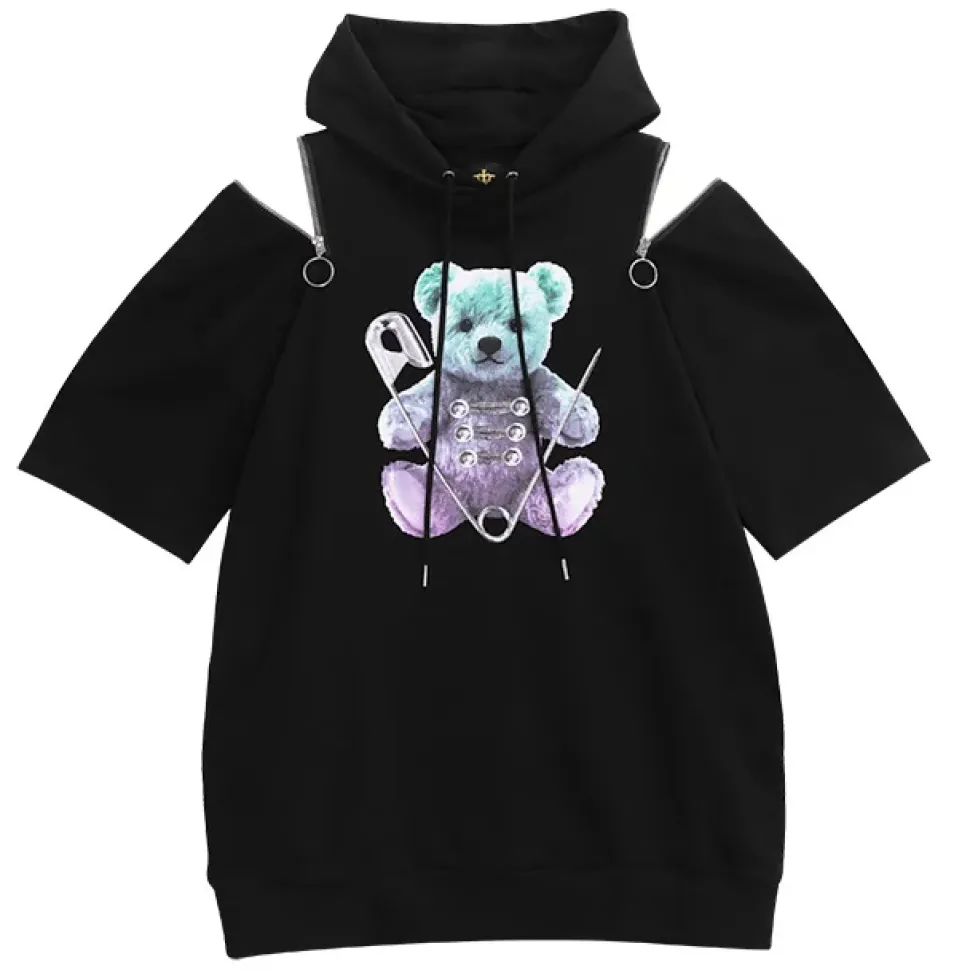 LISTEN FLAVOR Safety Pin Bear Shoulder Zip Short Sleeve Hoodie