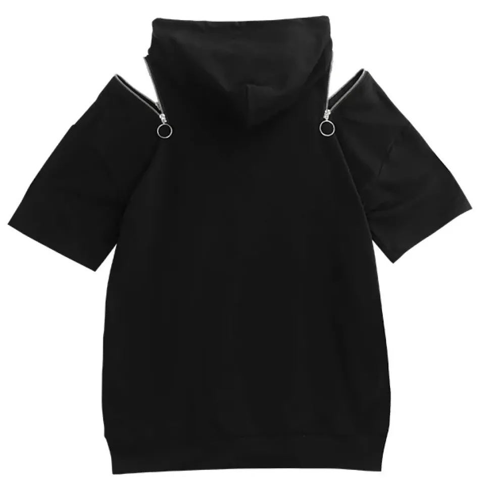 LISTEN FLAVOR Safety Pin Bear Shoulder Zip Short Sleeve Hoodie