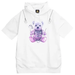 LISTEN FLAVOR Safety Pin Bear Shoulder Zip Short Sleeve Hoodie