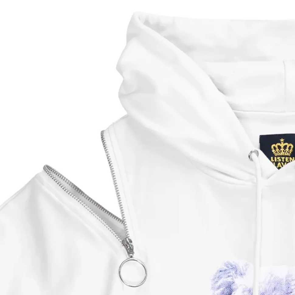 LISTEN FLAVOR Safety Pin Bear Shoulder Zip Short Sleeve Hoodie